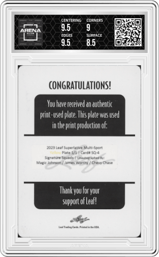 Magic Johnson,James Worthy,Chevy Chase from the 2023 Leaf Superlative Sports Multi-Sport set featuring a PP Yellow parallel graded by Arena Club and given an overall grade of 9.