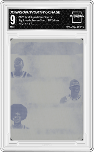 Magic Johnson,James Worthy,Chevy Chase from the 2023 Leaf Superlative Sports Multi-Sport set featuring a PP Yellow parallel graded by Arena Club and given an overall grade of 9.
