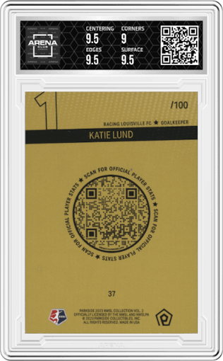 Katie Lund from the 2023 Parkside NWSL Vol. 2 set featuring a Shimmer parallel graded by Arena Club and given an overall grade of 9.5.