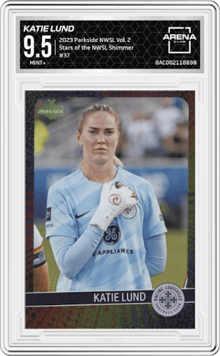 Katie Lund from the 2023 Parkside NWSL Vol. 2 set featuring a Shimmer parallel graded by Arena Club and given an overall grade of 9.5.