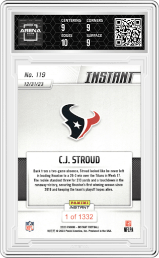  C.J. Stroud from the 2023 Panini Instant NFL set graded by Arena Club and given an overall grade of 9.5.