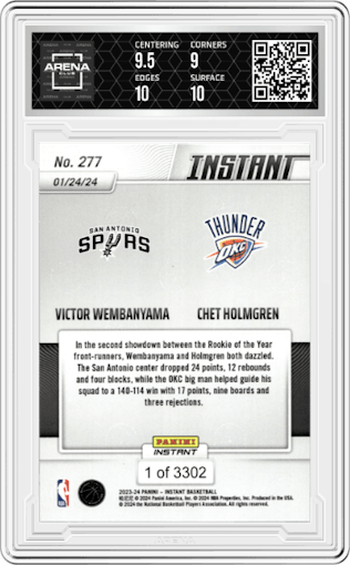 Victor Wembanyama/Chet Holmgren from the 2023-24 Panini Instant NBA set graded by Arena Club and given an overall grade of 9.5.