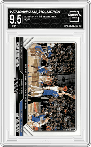 Victor Wembanyama/Chet Holmgren from the 2023-24 Panini Instant NBA set graded by Arena Club and given an overall grade of 9.5.