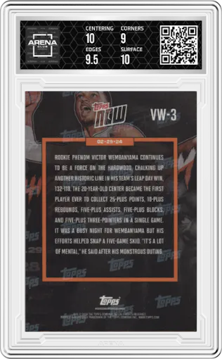 Victor Wembanyama from the 2023-24 Topps Now set graded by Arena Club and given an overall grade of 9.5.