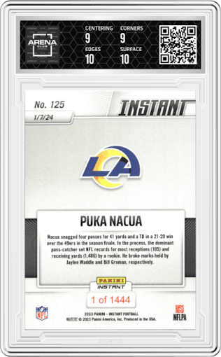 Puka Nacua from the 2023 Panini Instant NFL set graded by Arena Club and given an overall grade of 9.5.