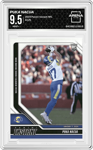 Puka Nacua from the 2023 Panini Instant NFL set graded by Arena Club and given an overall grade of 9.5.