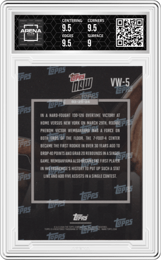 Victor Wembanyama from the 2023-24 Topps Now set graded by Arena Club and given an overall grade of 9.5.
