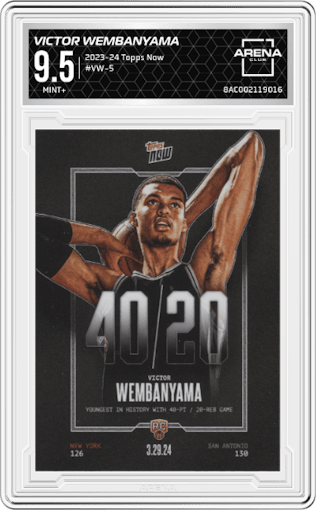 Victor Wembanyama from the 2023-24 Topps Now set graded by Arena Club and given an overall grade of 9.5.