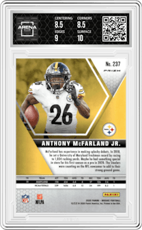 Anthony McFarland Jr. from the 2020 Panini Mosaic set featuring a Genesis parallel graded by Arena Club and given an overall grade of 9.