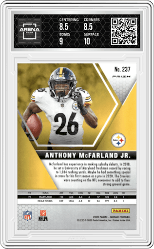 Anthony McFarland Jr. from the 2020 Panini Mosaic set featuring a Genesis parallel graded by Arena Club and given an overall grade of 9.