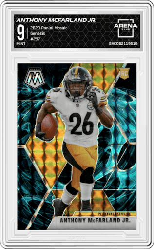 Anthony McFarland Jr. from the 2020 Panini Mosaic set featuring a Genesis parallel graded by Arena Club and given an overall grade of 9.
