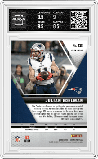 Julian Edelman from the 2020 Panini Mosaic set featuring a Genesis parallel graded by Arena Club and given an overall grade of 9.