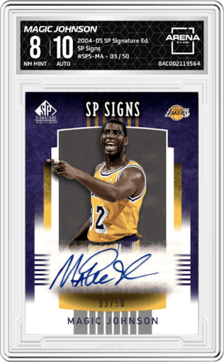 Magic Johnson from the 2004-05 SP Signature Edition set graded by Arena Club and given an overall grade of 8.