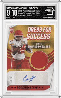 Clyde Edwards-Helaire from the 2020 Panini Rookies & Stars set graded by Arena Club and given an overall grade of 9.