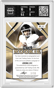 Jordan Love from the 2020 Leaf Metal Rookie Ed. set featuring a Black parallel graded by Arena Club and given an overall grade of 9.5.