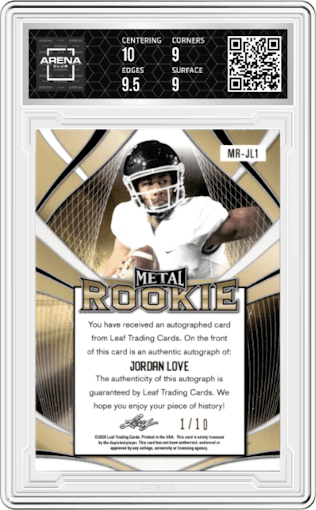 Jordan Love from the 2020 Leaf Metal Rookie Ed. set featuring a Black parallel graded by Arena Club and given an overall grade of 9.5.