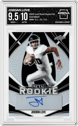 Jordan Love from the 2020 Leaf Metal Rookie Ed. set featuring a Black parallel graded by Arena Club and given an overall grade of 9.5.