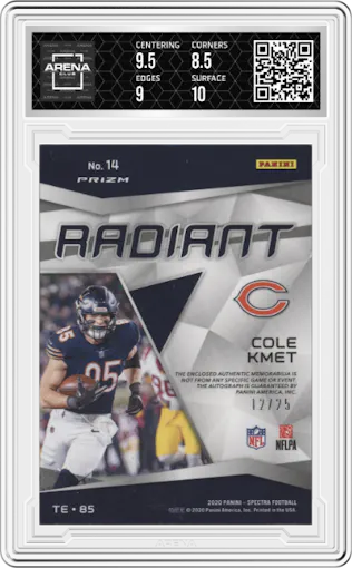 Cole Kmet from the 2020 Panini Spectra set featuring a Wave FOTL parallel graded by Arena Club and given an overall grade of 9.