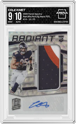 Cole Kmet from the 2020 Panini Spectra set featuring a Wave FOTL parallel graded by Arena Club and given an overall grade of 9.
