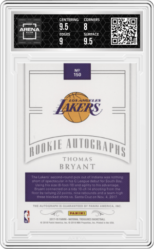 Thomas Bryant from the 2017-18 Panini National Treasures set featuring a Gold parallel graded by Arena Club and given an overall grade of 8.5.