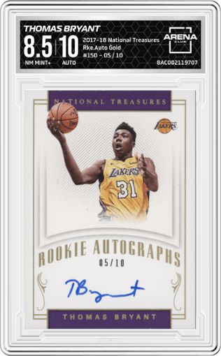 Thomas Bryant from the 2017-18 Panini National Treasures set featuring a Gold parallel graded by Arena Club and given an overall grade of 8.5.