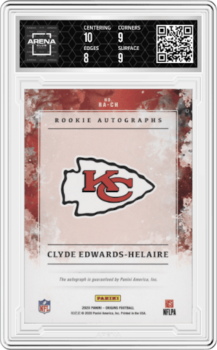 Clyde Edwards-Helaire from the 2020 Panini Origins set graded by Arena Club and given an overall grade of 8.5.