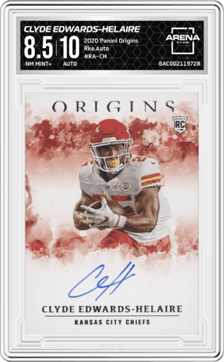 Clyde Edwards-Helaire from the 2020 Panini Origins set graded by Arena Club and given an overall grade of 8.5.