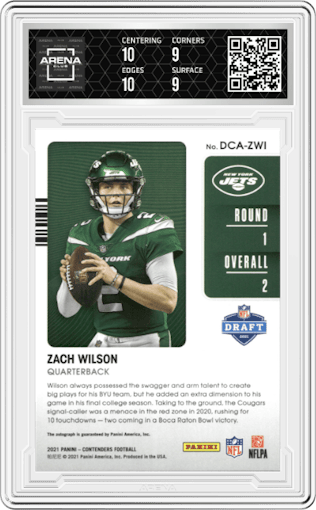Zach Wilson from the 2021 Panini Contenders   set featuring a Gold parallel graded by Arena Club and given an overall grade of 9.5.
