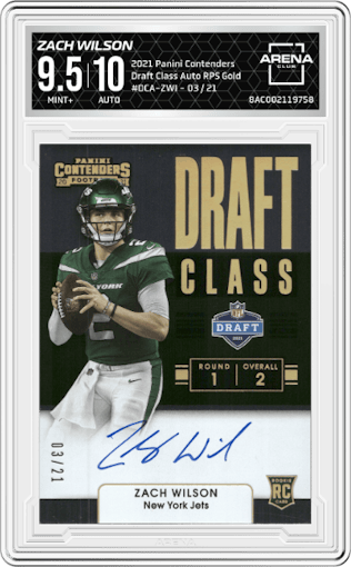 Zach Wilson from the 2021 Panini Contenders   set featuring a Gold parallel graded by Arena Club and given an overall grade of 9.5.