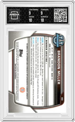 Brandon Miller from the 2022-23 Bowman University Chrome set graded by Arena Club and given an overall grade of 9.5.