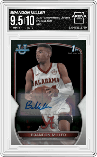 Brandon Miller from the 2022-23 Bowman University Chrome set graded by Arena Club and given an overall grade of 9.5.