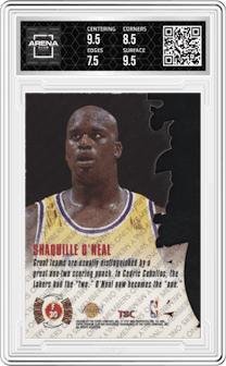 Shaquille O'Neal from the 1996-97 Topps Stadium Club set graded by Arena Club and given an overall grade of 8.