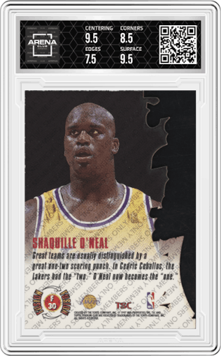 Shaquille O'Neal from the 1996-97 Topps Stadium Club set graded by Arena Club and given an overall grade of 8.