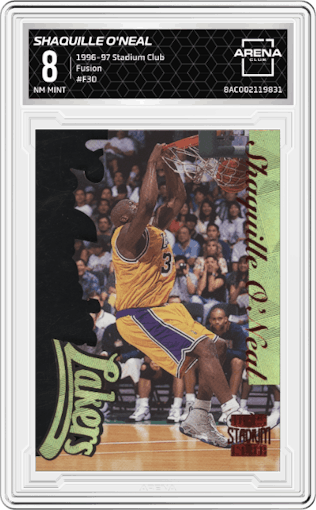 Shaquille O'Neal from the 1996-97 Topps Stadium Club set graded by Arena Club and given an overall grade of 8.
