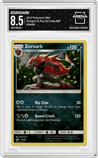Zoroark from the 2017 Pokemon S&M set featuring a  Zoroark Shining Legends Pin Collection parallel graded by Arena Club and given an overall grade of 8.5.