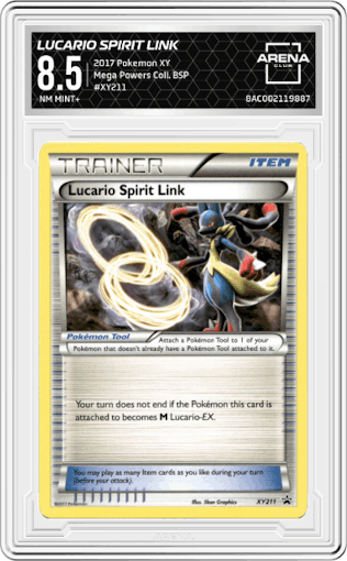 Lucario Spirit Link from the 2017 Pokemon XY set featuring a Mega Powers Collection parallel graded by Arena Club and given an overall grade of 8.5.