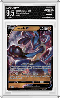 Lucario V from the 2020 Pokemon SWSH set graded by Arena Club and given an overall grade of 9.5.
