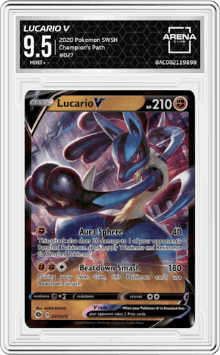 Lucario V from the 2020 Pokemon SWSH set graded by Arena Club and given an overall grade of 9.5.