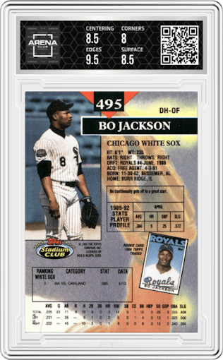 Bo Jackson from the 1993 Topps Stadium Club set featuring a First Day Production parallel graded by Arena Club and given an overall grade of 8.5.