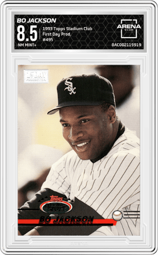 Bo Jackson from the 1993 Topps Stadium Club set featuring a First Day Production parallel graded by Arena Club and given an overall grade of 8.5.