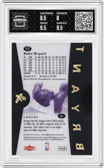 Kobe Bryant from the 2006-07 Fleer E-X set graded by Arena Club and given an overall grade of 8.5.