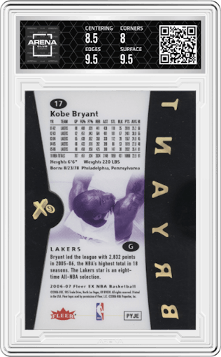 Kobe Bryant from the 2006-07 Fleer E-X set graded by Arena Club and given an overall grade of 8.5.