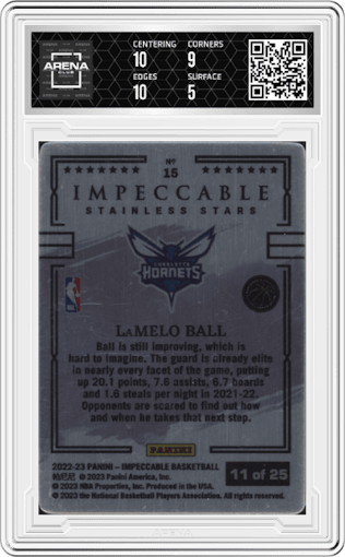 LaMelo Ball from the 2022-23 Panini Impeccable set featuring a Orange parallel graded by Arena Club and given an overall grade of 5.5.