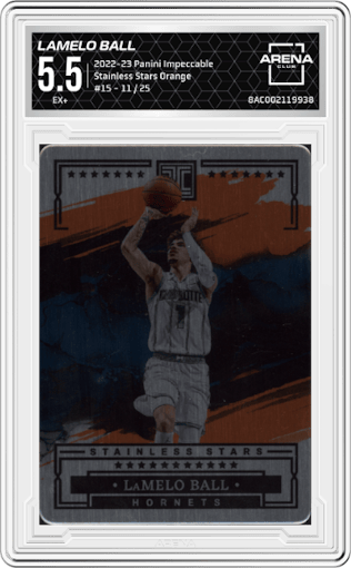LaMelo Ball from the 2022-23 Panini Impeccable set featuring a Orange parallel graded by Arena Club and given an overall grade of 5.5.