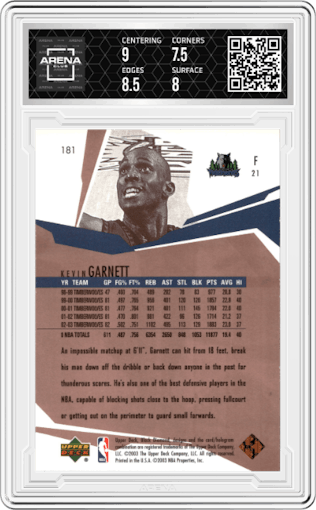Kevin Garnett from the 2003-04 Upper Deck Black Diamond set graded by Arena Club and given an overall grade of 8.