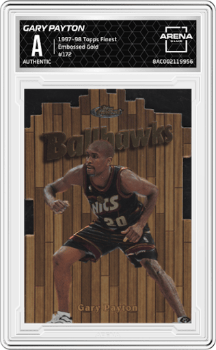 Gary Payton from the 1997-98 Topps Finest set featuring a Gold parallel graded by Arena Club.