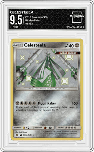 Celesteela from the 2019 Pokemon S&M  set graded by Arena Club and given an overall grade of 9.5.