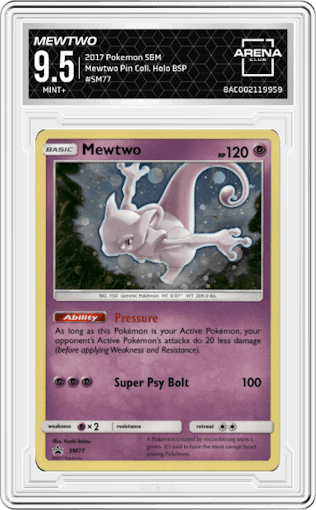 Mewtwo from the 2017 Pokemon S&M set featuring a Mewtwo Pin Collection parallel graded by Arena Club and given an overall grade of 9.5.