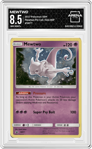 Mewtwo from the 2017 Pokemon S&M set featuring a Mewtwo Pin Collection parallel graded by Arena Club and given an overall grade of 8.5.