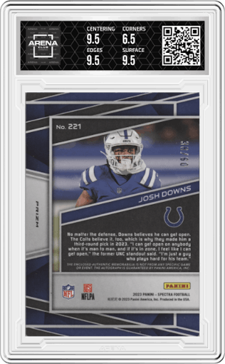 Josh Downs from the 2023 Panini Spectra set featuring a Hyper parallel graded by Arena Club and given an overall grade of 7.